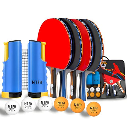 N1fit Ping Pong Paddle Set - 4 Professional Rackets, Retractable Net, 6 Pig Pong Balls, Carry Case - Indoor and Outdoor Table Tennis Play
