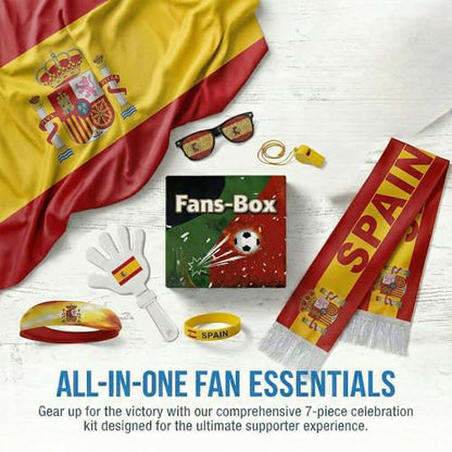 Soccer Fan Gear Set 2026-7 Piece Game Day Kit with Flag, Scarf, Glasses, Whistle, Clapper, Wristband & Headband in Gift Box - Watch Party & Stadium Essentials for Spain - color: Spain