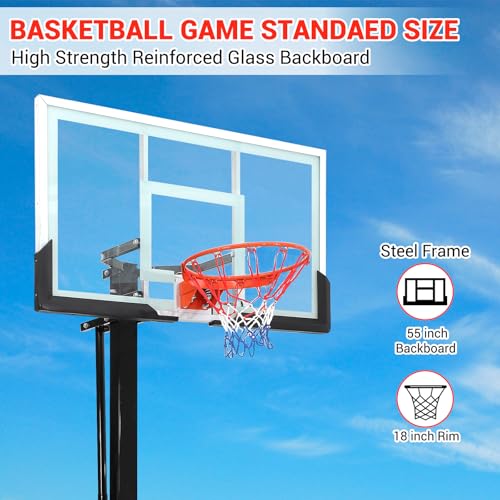 GarveeTech In Ground Basketball System Outdoor, 8-10ft Quick Adjustable Basketball Hoop ＆Goal with 55" Shatterproof Tempered Glass Backboard,