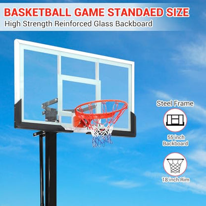 GarveeTech In Ground Basketball System Outdoor, 8-10ft Quick Adjustable Basketball Hoop ＆Goal with 55" Shatterproof Tempered Glass Backboard,