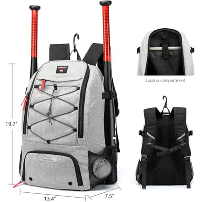 Baseball Backpack, Baseball Bag for Youth, Softball Bat Bag with Shoes Compartment, Laptop Compartment & Holds 2 Bats, Small Baseball Bat Equipment Bags for Fence Hook, Glove Holder & Helmet - color: Gray