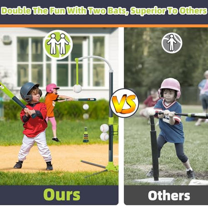 3-in-1 T Ball Set for Kids, Adjustable Height Hanging Baseball Batting Tee Set with 2 Bats, Teeball Hitting Stand, Ball Launcher for Toddlers, Sport Toys Outdoor/Indoor for Boys Girls