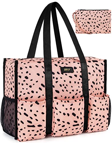 IBFUN Utility Tote Bag with 24 Pockets, Large Teacher Tote for Women with Laptop Compartment, Travel Tote Bag with Zip Top - color: A2-m-pink Leopard, size: Medium
