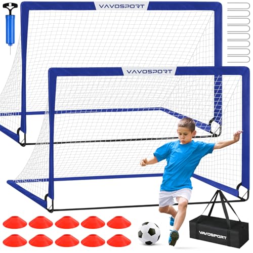 VAVOSPORT Soccer Goal, 2 of 6'x4' Kids Soccer Goals for Backyard Set, Portable Pop Up Soccer Net, Practice Soccer Training Equipment with Ball, Cones for Toddler,Youth Sports Outdoor Games Yard Play - color: Blue