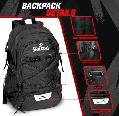 Spalding Soccer Backpack Sports Bag, Black Soccer Bag with Ball and Shoe Compartment, Use for Track Bags, Basketball Sport Ball Accessories & Stuff, Gifts for Sports Players