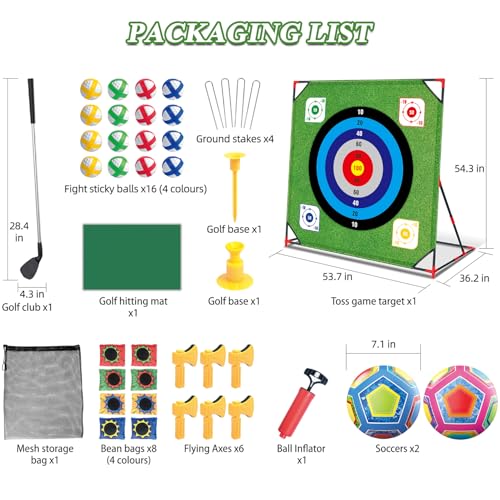 Mostop Golf Chipping Game with Stand - Golf Target Battle Game with Putting Mat, 12 Sticky Balls, 6 Axes, 2 Soccer Balls, 8 Bean Bags, Outdoor Golf Yard Game for Chipping Practice for Dads Golfers