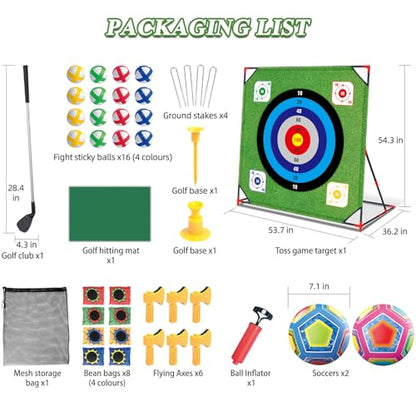 Mostop Golf Chipping Game with Stand - Golf Target Battle Game with Putting Mat, 12 Sticky Balls, 6 Axes, 2 Soccer Balls, 8 Bean Bags, Outdoor Golf Yard Game for Chipping Practice for Dads Golfers