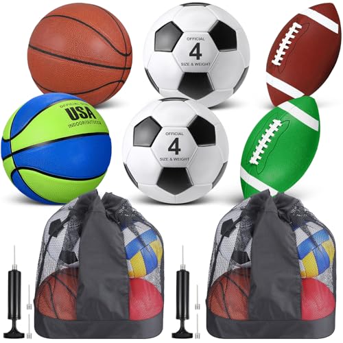 Lenwen 6 Pcs Sport Balls Set for Kids Teens, Include Official Size Basketball Football Soccer Ball with Sport Equipment Bags and Pumps Christmas Training Practice Gift Back to School - color: Blue Green