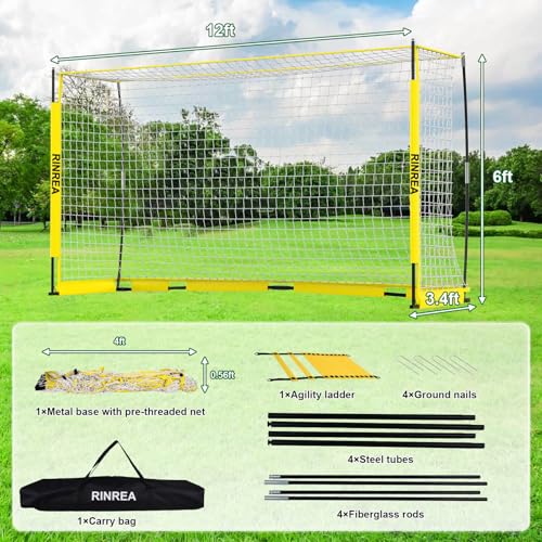 RINREA Portable Soccer Goal, Collapsible Soccer Goal Net Metal Base, Quick Setup Soccer Training Equipment with 1 Carry Bag, 1 Agility Ladder, 4 Ground Nails - color: Standard Yellow