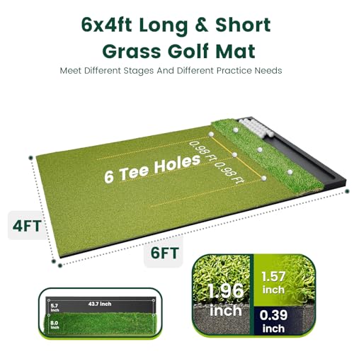 Golf Hitting Mat with Ball Tray 5x4ft - 6x4ft Dual-Turf Practice Mat for Indoor & Outdoor Use Golf Training Mat with Rubber Tee Holes, Suitable for Swing Driving & Chipping - size: 6 x 4 ft - 1.02"