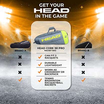 HEAD Core 3R Pro Tennis Racquet Bag - Holds 3 Racquets, Adjustable Strap - color: Grey/Yellow