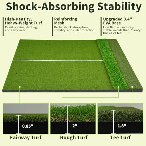 3-in-1 Golf Hitting Mat 5x4ft, Thick Golf Practice Mat with Alignment Line, Fairway/Rough/T-Turf Golf Training Mat, 14 Tees, Golf Mats Practice Indoor Outdoor for Hitting Driving Swing Chipping