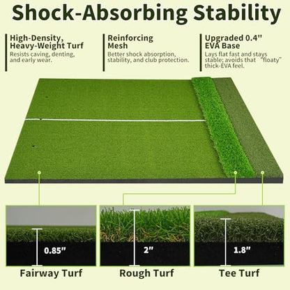 3-in-1 Golf Hitting Mat 5x4ft, Thick Golf Practice Mat with Alignment Line, Fairway/Rough/T-Turf Golf Training Mat, 14 Tees, Golf Mats Practice Indoor Outdoor for Hitting Driving Swing Chipping
