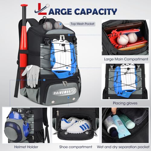 RAINSMORE Baseball Bag for Youth & Adult Lightweight Softball Bat Bag with Shoe Compartment, External Helmet Holder and Fence Hook Waterproof Baseball Backpack Hold T-Ball, Bat and Softball Equipment - color: Grey