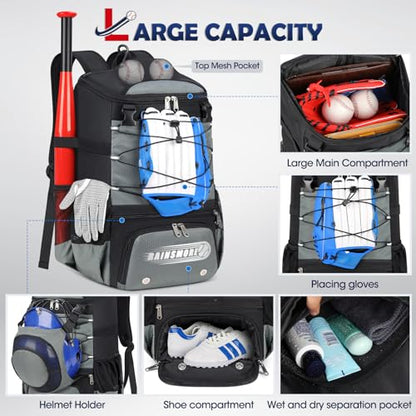 RAINSMORE Baseball Bag for Youth & Adult Lightweight Softball Bat Bag with Shoe Compartment, External Helmet Holder and Fence Hook Waterproof Baseball Backpack Hold T-Ball, Bat and Softball Equipment - color: Grey