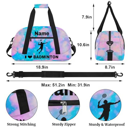 Custom Sport Duffel Bag Badminton Personalized Name Sports Bag Overnight Weekender Bag Waterproof Travel Sport Gym Bags, Blue Pink Glitter - color: Blue Pink, style: Badminton