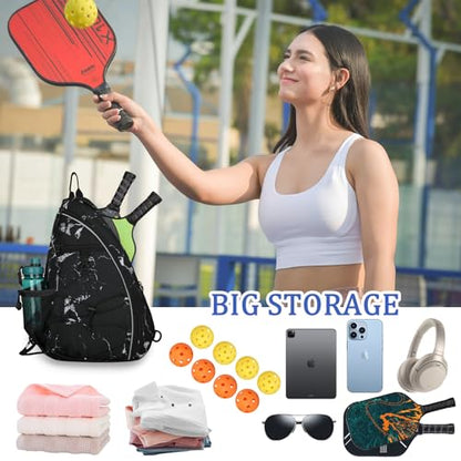 Goloni Pickleball Sling Bag for Men Women, Lightweight Pickleball Backpack with Fence Hook - color: Black White