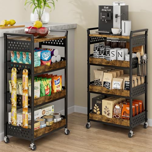 4 Tier Bathroom Storage Cart - Kitchen Rolling Cart on Wheels, Metal Snack Cart Pantry Floor Organizer with Hooks and Mesh Basket, Black Utility Trolley Rack for Fruit Coffee Craft Makeup