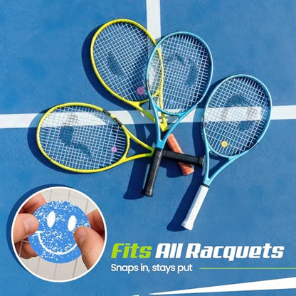 Tennis Racket Dampener - Glitter Smiley Face Designs - Vibration & Noise-Reducing Tennis Shock Absorber for Racquets - Secure, Easy-Install Accessories for Players of All Levels - style: Blue