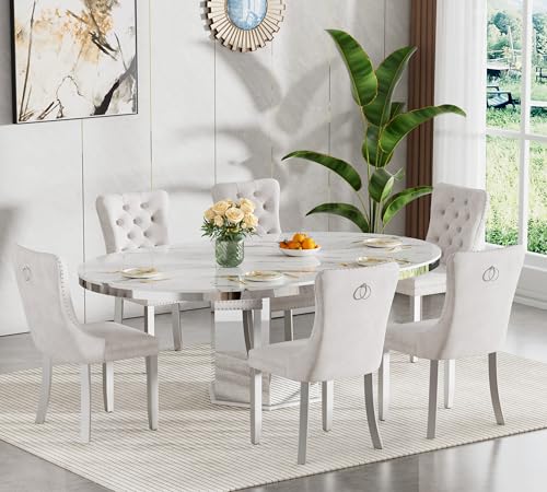 Extendable Round Dining Table Set for 6, Modern 47"-63" Expandable Kitchen Table with Mirrored Pedestal, Modern Dining Room Table with 6 Beige Tufted Dining Chairs, 7 Piece Dining Set for Living - color: White/Beige, size: Table+6 Chairs