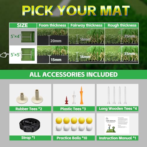 (Enlarged×Thickened) Golf Mat 31mm, 5x5ft Dual-Turf Golf Hitting Mat with Ball Tray for Outdoor, Thickened Heavy Duty Commercial Golf Mat, High-Elasticity Golf Practice Mat for Simulator -Elite