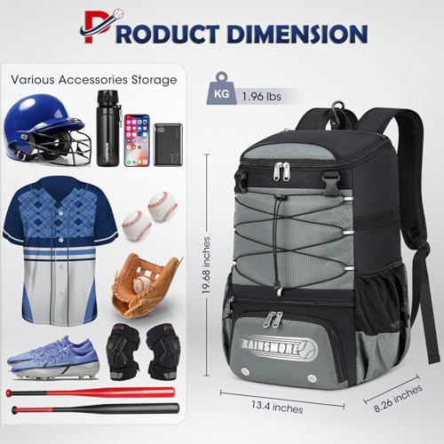 RAINSMORE Baseball Bag for Youth & Adult Lightweight Softball Bat Bag with Shoe Compartment, External Helmet Holder and Fence Hook Waterproof Baseball Backpack Hold T-Ball, Bat and Softball Equipment - color: Grey