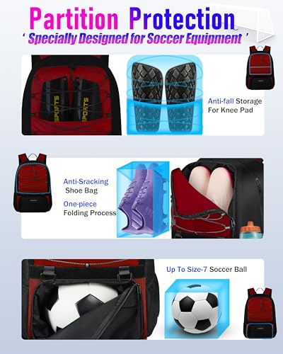 LOINTET Youth Soccer Bag, Soccer Backpack with Ball Compartment, Sports Equipment Training Bags Fits Basketball Football Volleyball and Accessories, Black - color: Red