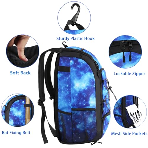 MATEIN Baseball Backpack, Softball Bat Bag with Shoes Compartment for Youth, Boys and Adult, Lightweight Baseball Bag with Fence Hook Hold TBall Bat, Batting Mitten, Helmet, Caps, Teeball Gear - color: Galaxy Blue, size: 47L