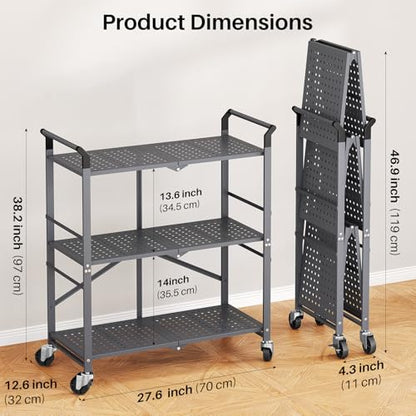 3 Tier Utility Carts - Folding Metal Rolling Cart with Wheels for Kitchen Office Garage Storage, Grey