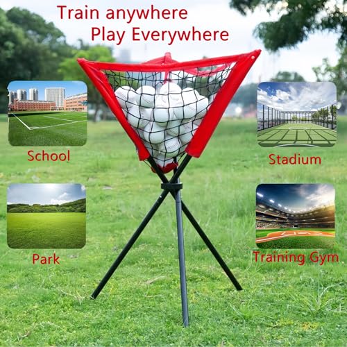 Portable Baseball Training Net, Collapsible Ball Return Net with Carry Bag, Red and Black