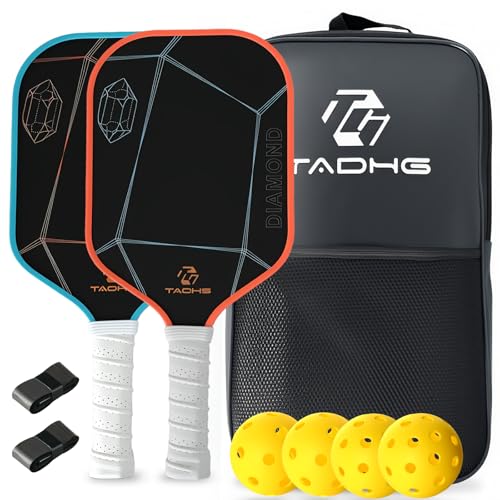 TADHG Pickleball Paddle Set 2 Lightweight 8.4oz Paddles with Honeycomb Core Spin-Friendly Surface 4 Balls