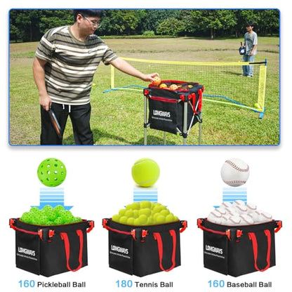 Pickleball Tennis Ball Hopper-Foldable Lightweight Tennis Cart Holds 180 Tennis/160 Pickleballs with Removable Bag,Wheels,Side Pocket for Training/Teaching, for Tennis/Pickleball/Baseball/Softball - style: Red