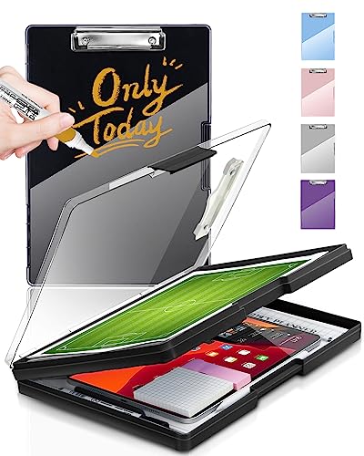 Clearview Clipboard with 2 Storage, Dry Erase 8.5x11 Heavy Duty ClipBoards - High Capacity Coaches Clip Board with Pen Holder - Side Opening Plastic Nursing Clip Case - Black - color: Black