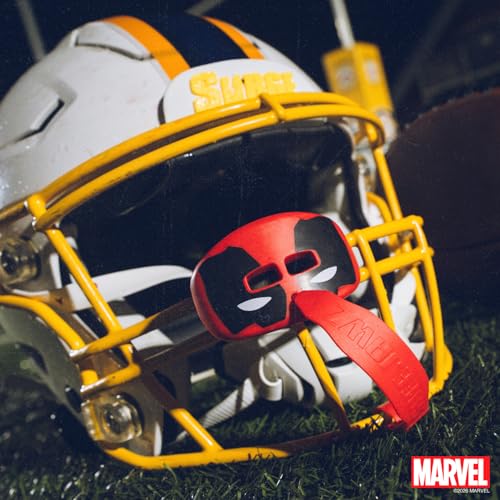 Marvel Deadpool Lip Guard, Football Mouth Guard with Detachable Strap, Lip Protector Adults and Junior, Football & Lacrosse (One Size, Red)