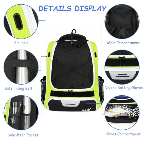 WOLT Youth Baseball Bag - Bat Backpack for Baseball, T-Ball & Softball Equipment & Gear, Bat & Glove Holder, Large Main Compartment for Helmet & accessories, Separate Shoes Compartment, Fence Hook - color: Green