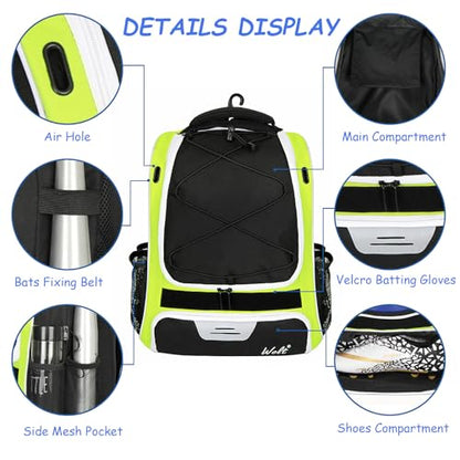 WOLT Youth Baseball Bag - Bat Backpack for Baseball, T-Ball & Softball Equipment & Gear, Bat & Glove Holder, Large Main Compartment for Helmet & accessories, Separate Shoes Compartment, Fence Hook - color: Green