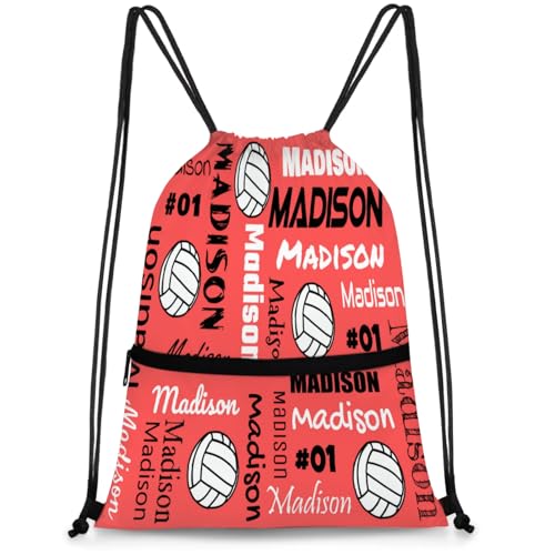 Custom Volleyball Style Drawstring Bag, Personalized Sports Ball Backpack Drawstring Sack Cinch Bags for Team Gift Party Favors, Coral Red - color: Coral Red