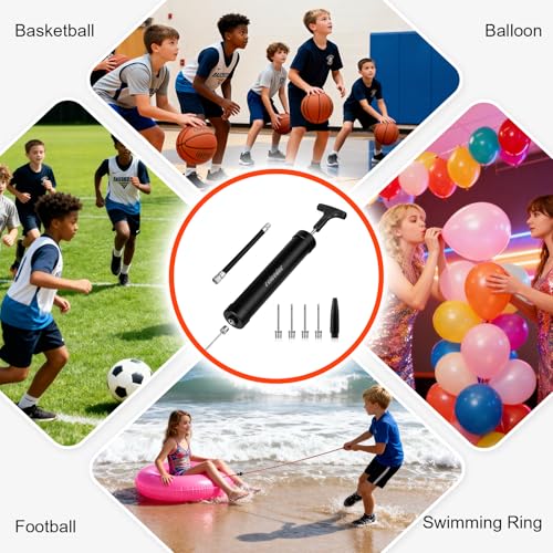 10 Inch Ball Pump Kit, Basketball Pump, Portable Air Pump with 5 Needles, 1 Nozzle & Extension Hose for Soccer Football Volleyball Water Polo Rugby Exercise Sports Ball
