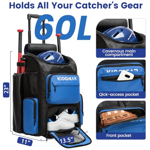 Rolling Baseball Bag with Wheels,Large Softball Bag with Fence Hook for 4 Bats & Equipment,Lightweight Baseball Bat Bag with Shoe Compartment. - color: Blue
