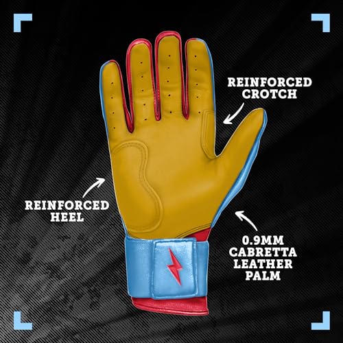 BRUCE BOLT Signature Series Long Cuff Batting Gloves - Pro-Athlete Collection - Adult & Youth Sizes - color: Bader/Baby Blue, size: Small