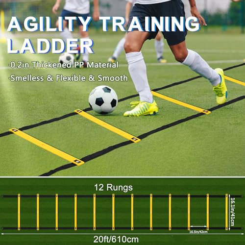 Fixed Rung Agility Ladder - 20ft 12 Rungs No Tangle Speed and Agility Training Equipment for Soccer Footwork Training with Carrying Bag/Ground Stakes for Adults Youth Kids - color: Yellow