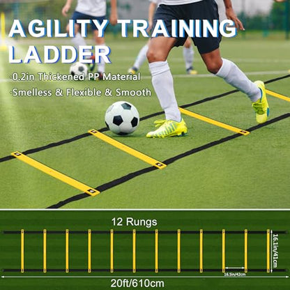 Fixed Rung Agility Ladder - 20ft 12 Rungs No Tangle Speed and Agility Training Equipment for Soccer Footwork Training with Carrying Bag/Ground Stakes for Adults Youth Kids - color: Yellow