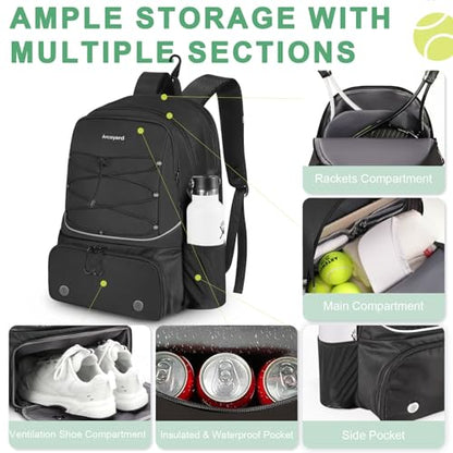 Arcoyard Tennis Bag Holds 2 Rackets, Professional Tennis Bags for Women, Tennis Backpack with Ventilated Shoe Compartment - color: Black