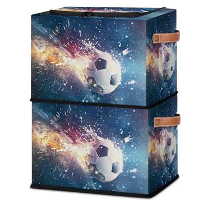 Soccer Sports Storage Bins with Zipper Lid Collapsible Storage Bags Foldable Stackable Storage Boxes Clothes Organizer Containers with PU Leather Handles (23L-1 Pack) - size: 1-Pack 14.2x10.2x10 in