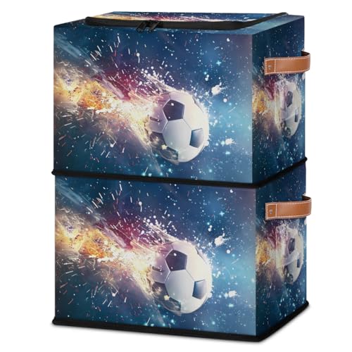 Soccer Sports Storage Bins with Zipper Lid Collapsible Storage Bags Foldable Stackable Storage Boxes Clothes Organizer Containers with PU Leather Handles (23L-2 Pack) - size: 2-Pack 14.2x10.2x10 in