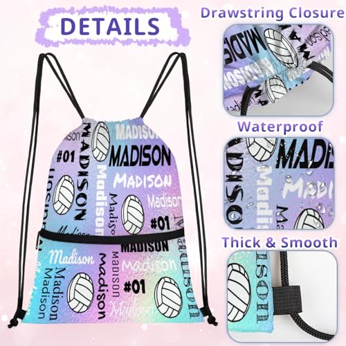 Custom Volleyball Style Drawstring Bag, Personalized Sports Ball Backpack Drawstring Sack Cinch Bags for Team Gift Party Favors, Rainbow Glitter Theme - color: Colourful