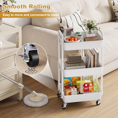 3 Tier Rolling Cart with Wheels, White Plastic Three Tiered Roller Shelf Cart on Lockable Wheels, Small Utility Storage Organzier Carts for Craft, Art, Baby Diaper Caddy, Snack, Dorm, Kitchen,Bathroom