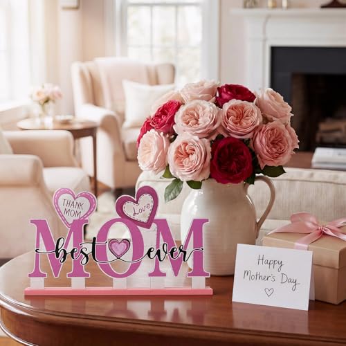 Smile Happy Mother's day Indoor Decorations Wooden Decor Table Centerpiece Thank You Mom Best Ever Wooden Plaque Ornaments for Home Kitchen - style: Letter Mom