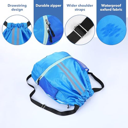 Drawstring Gym Bag with Shoe Compartment and Side Mesh Pockets, Waterproof Sports Drawstring Backpack, Wet and Dry Separation String Backpack for Women Men, Suitable for Fitness, Swimming, Football