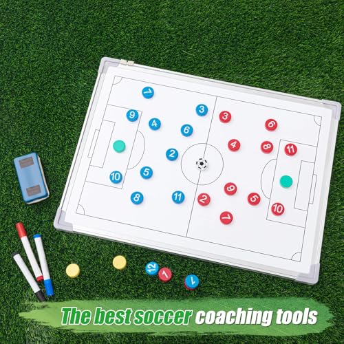 Dunzoom 24" x 18" Soccer Magnetic Coaching Board Double-Sided Dry Erase Tactics Whiteboard, Portable Tactical Board Equipped with Magnet Numbers, Marker Pen, Eraser and Zipper Bag